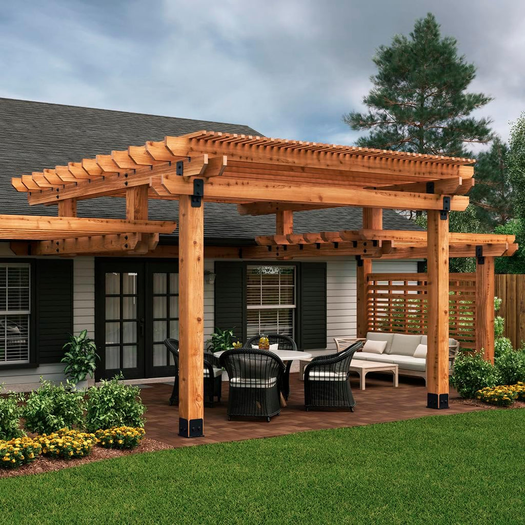 Ozco Ironwood 10x10 Post Base Kit, Includes 1 Post Base Plate, 4 Decorative Plates, 16 Hex Cap Nuts, OWT Timber Screws, Galvanized Steel for Pergolas | 321069