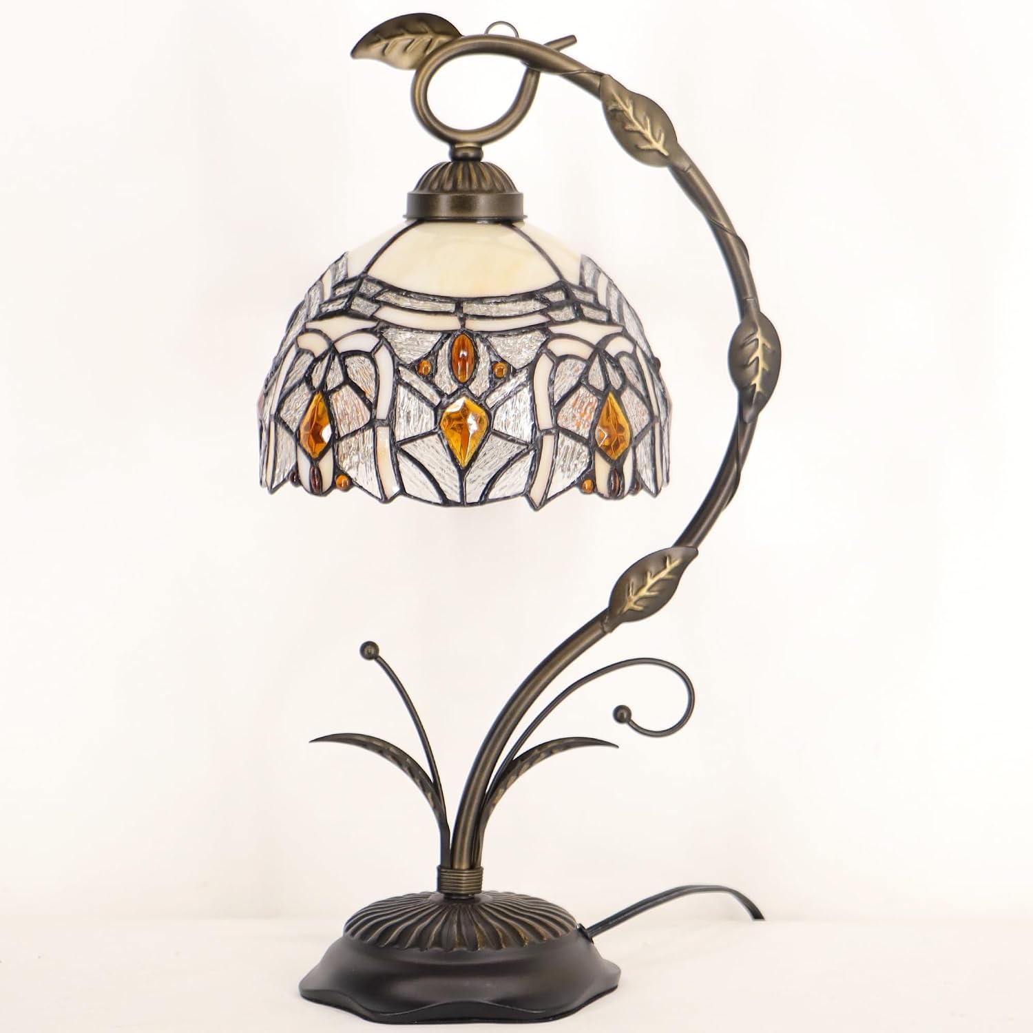 Tiffany Lamp Stained Glass Table Lamp Metal Leaf Base 8X10X19 Inch Reading Desk Light (Crystal Style)