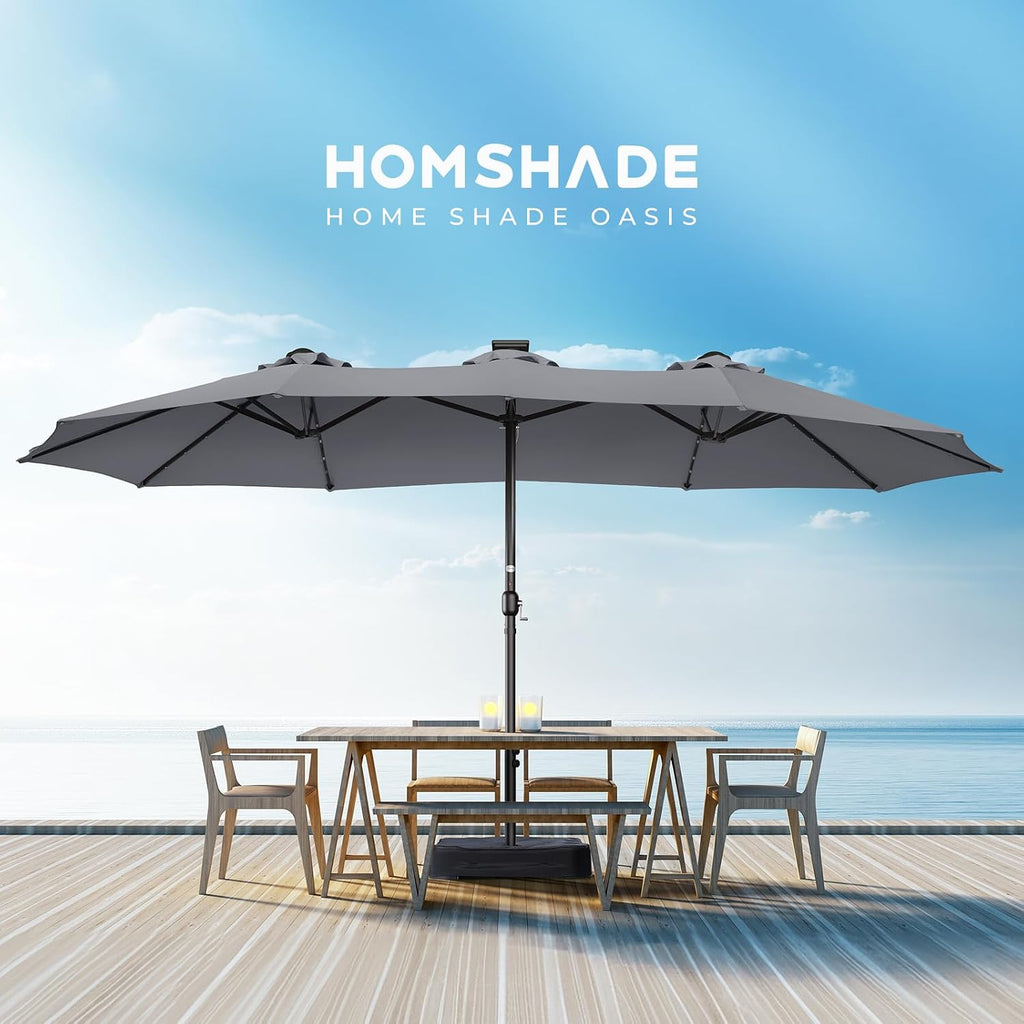 HOMSHADE Double Sided Patio Umbrellas - 15ft Solar Lights LED Lighted Outdoor Extra Large Market Table Umbrella with Base Included, Oversized Umbrella for Deck, Pool, Backyard