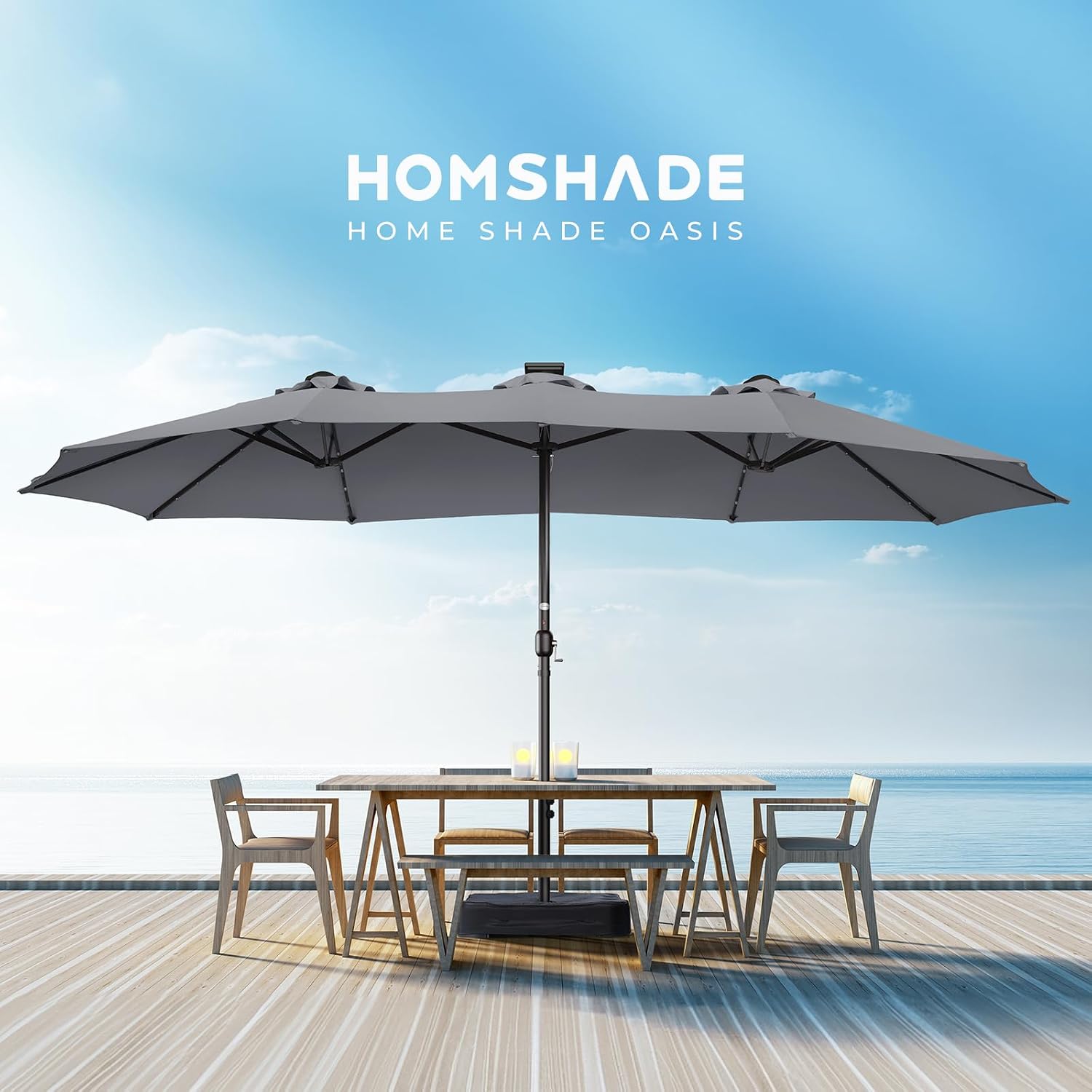 HOMSHADE Double Sided Patio Umbrellas - 15ft Solar Lights LED Lighted Outdoor Extra Large Market Table Umbrella with Base Included, Oversized Umbrella for Deck, Pool, Backyard