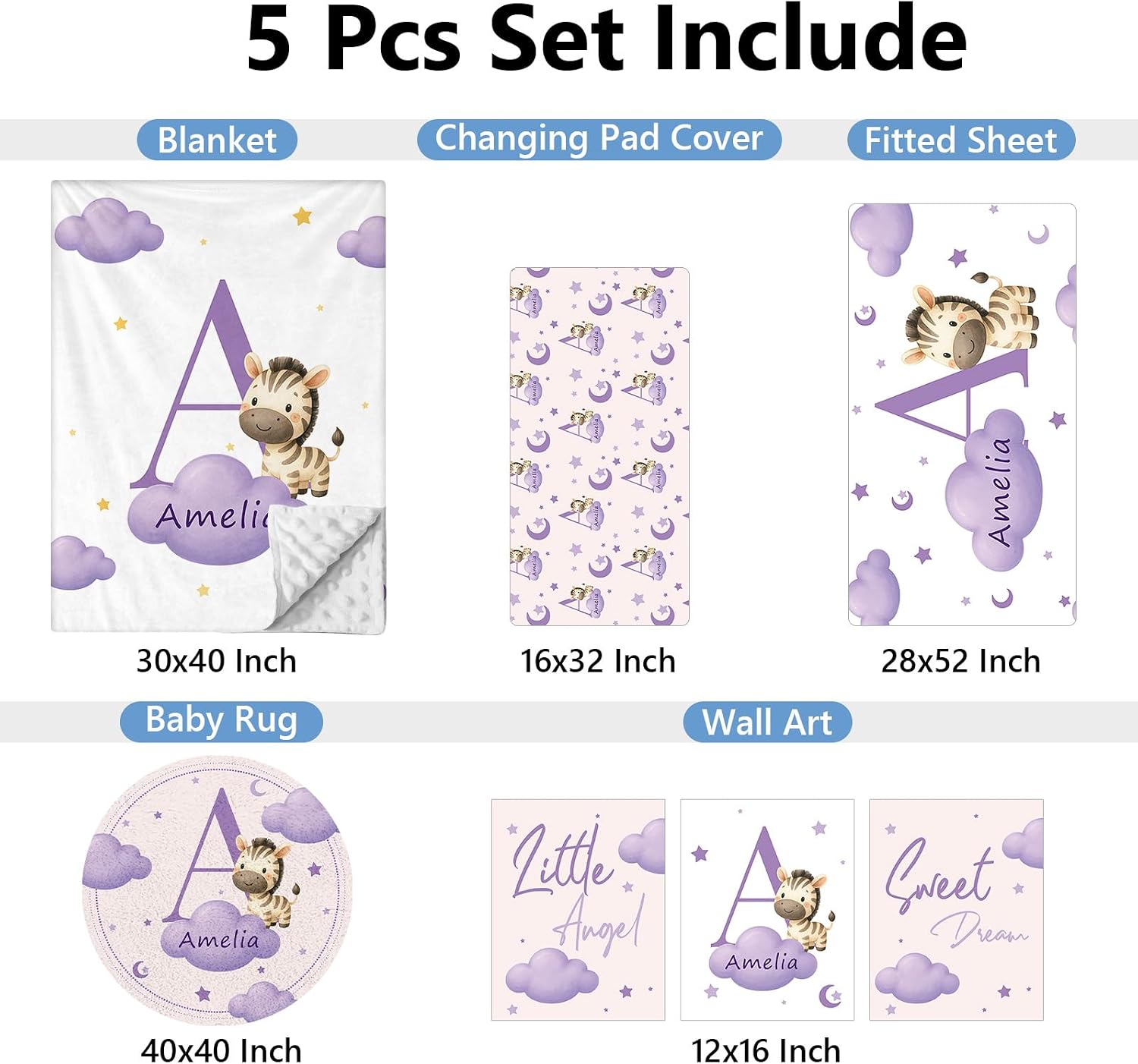 KAINSY Custom Crib Bedding Set, 5 Pcs Personalized Name Monogram Baby Crib Sets for Infants Toddlers, Purple Zebra Nursery Bedding Set for Boys Girls, Double Layer Baby Bedding Sets Customized Gifts