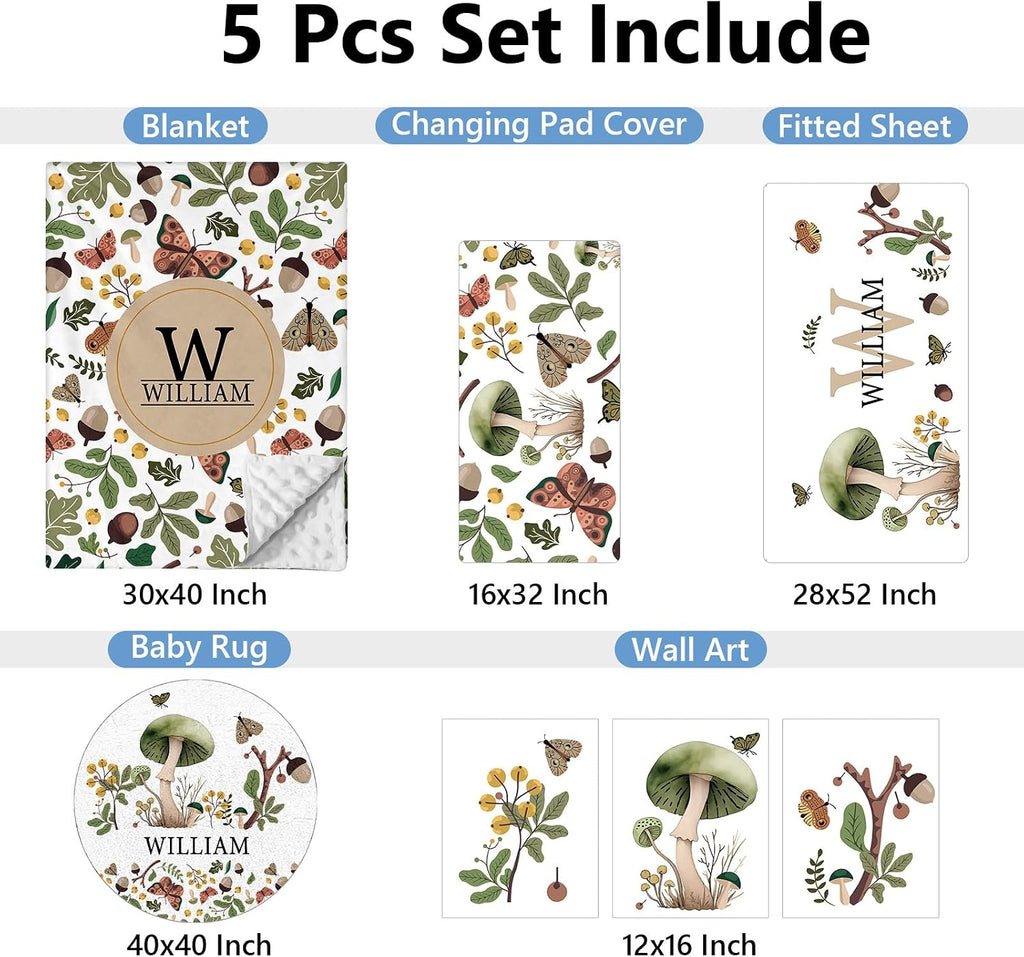 KAINSY Custom Crib Bedding Set 5 Piece for Girls Boys – Personalized Green Plants Theme, Newborn Sleep Set, Nursery Decor, Toddler Room Essentials, Infant Sleep, Baby Room Accessories, Baby Gift