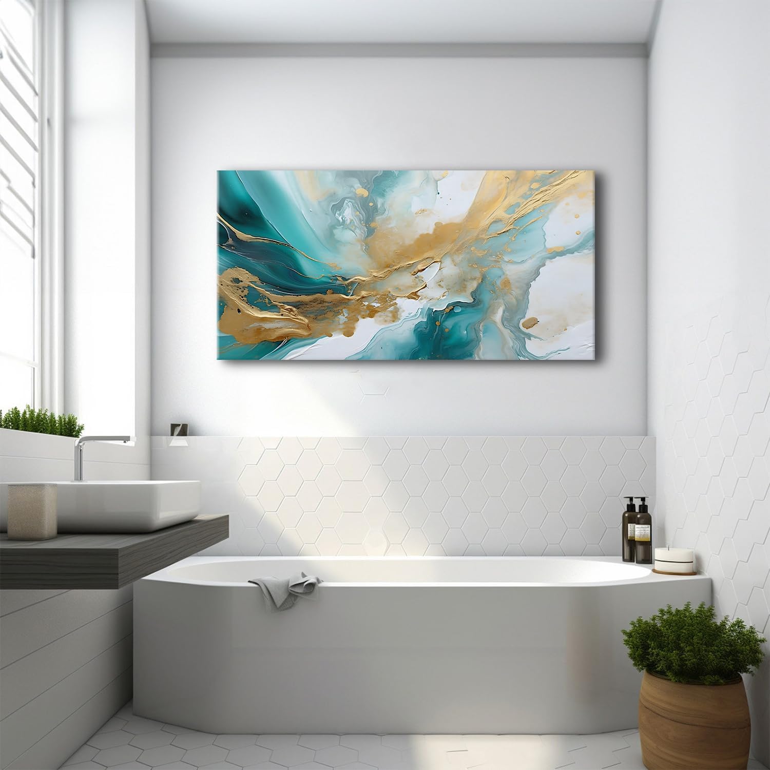 Extra Large Turquoise Wall Art Abstract Teal Wall Decor for Living Room Modern Marble Canvas Picture 30x60', Watercolor Gold Fluid Texture Ink Painting Prints Poster Artwork Bedroom Decorations