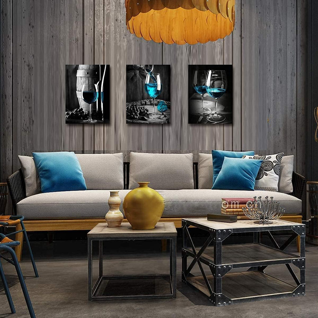 Teal Wine Dining Room Wall Decor Black and Blue Pictures Wall Art for Living Room Glass Goblet Canvas Paintings Home Decorations 16x24 Contemporary Turquoise Kitchen Bedroom Prints Posters 3 Pieces