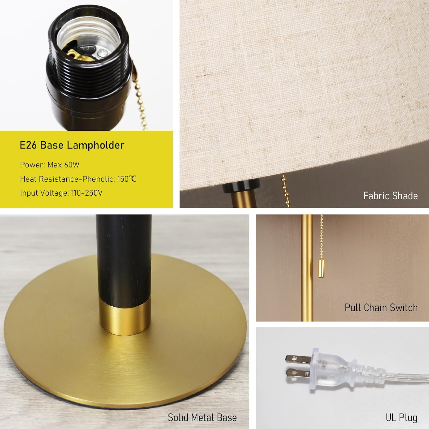 26.4' Set 2 Pull Chain Table Lamp Modern Mid Century Bedside Lamps for Living Room End Tables 3-Color Light for Bedroom, Solid Wood/Metal/Fabric Lamp for Home/Office/Desk (Light Brown+Brass)