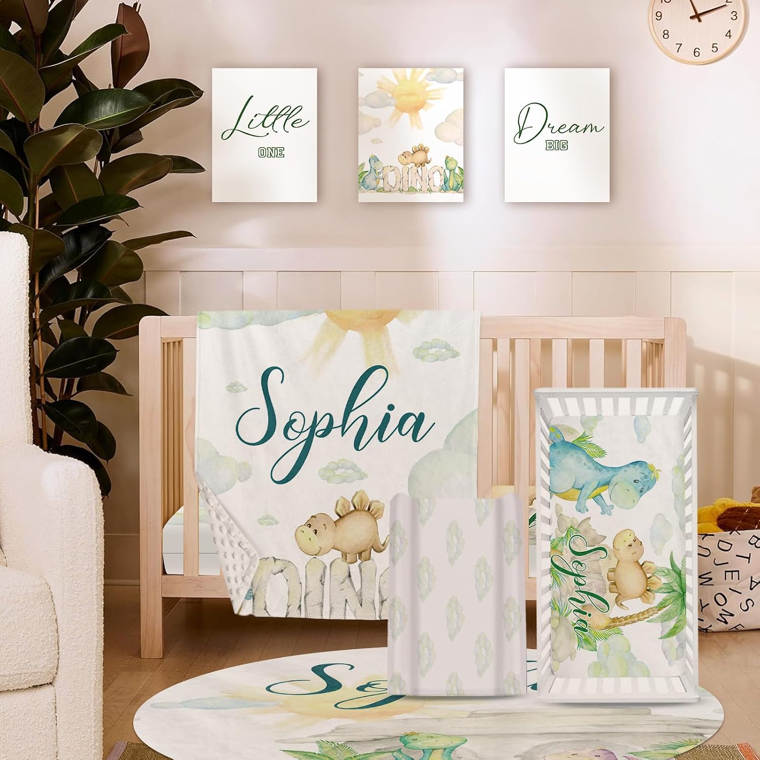 TOOTANN Custom Baby Crib Bedding Set, 5 Pcs Personalized Name Baby Crib Sheets for Kid Toddler Infant, Cartoon Dinosaurs Nursery Bedding Set