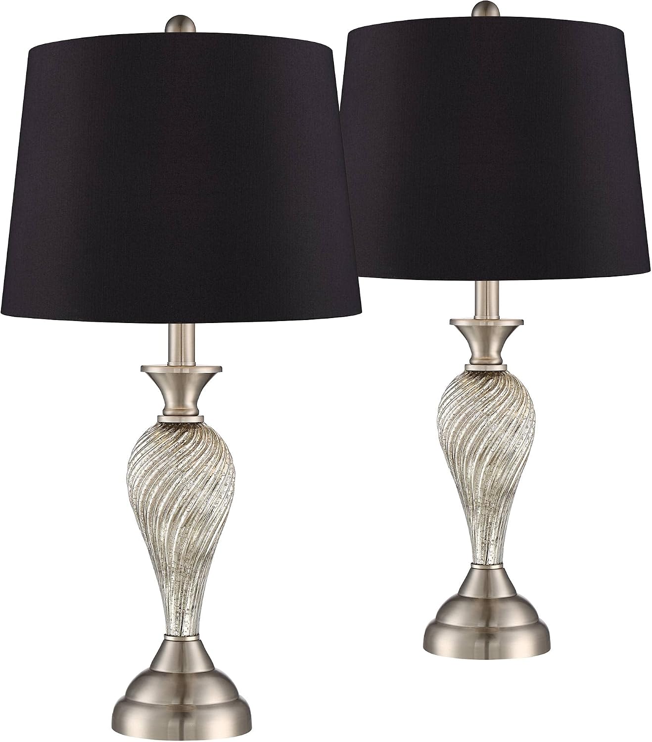 Regency Hill Arden 25' High Twist Modern Table Lamps Set of 2 Silver Brushed Nickel Finish Mercury Glass Black Shade Living Room Bedroom Bedside Nightstand House Office Home Reading Kitchen Entryway