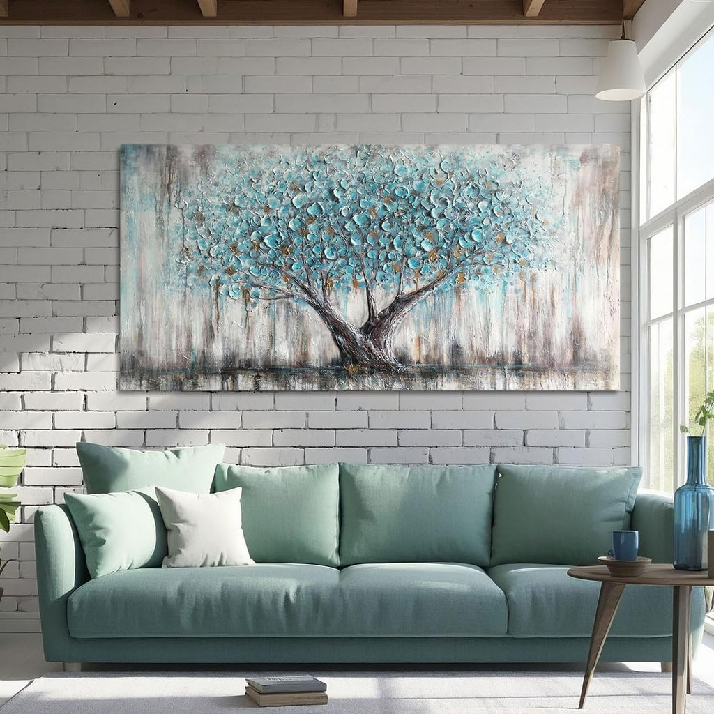Arjun Tree Wall Art Canvas for Living Room Blue Tree of Life Nature Teal Abstract Textured Painting Picture Modern Panoramic Landscape Artwork Framed Bedroom Home Office Decor, Extra Large 58'x29'