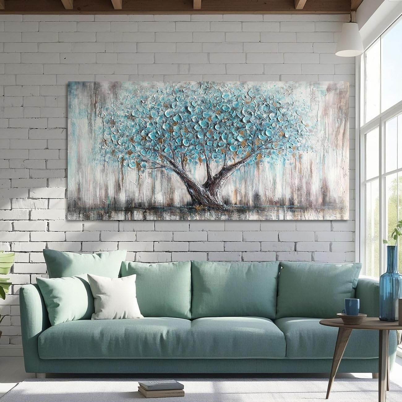 Arjun Tree Wall Art Canvas for Living Room Blue Tree of Life Nature Teal Abstract Textured Painting Picture Modern Panoramic Landscape Artwork Framed Bedroom Home Office Decor, Extra Large 58'x29'