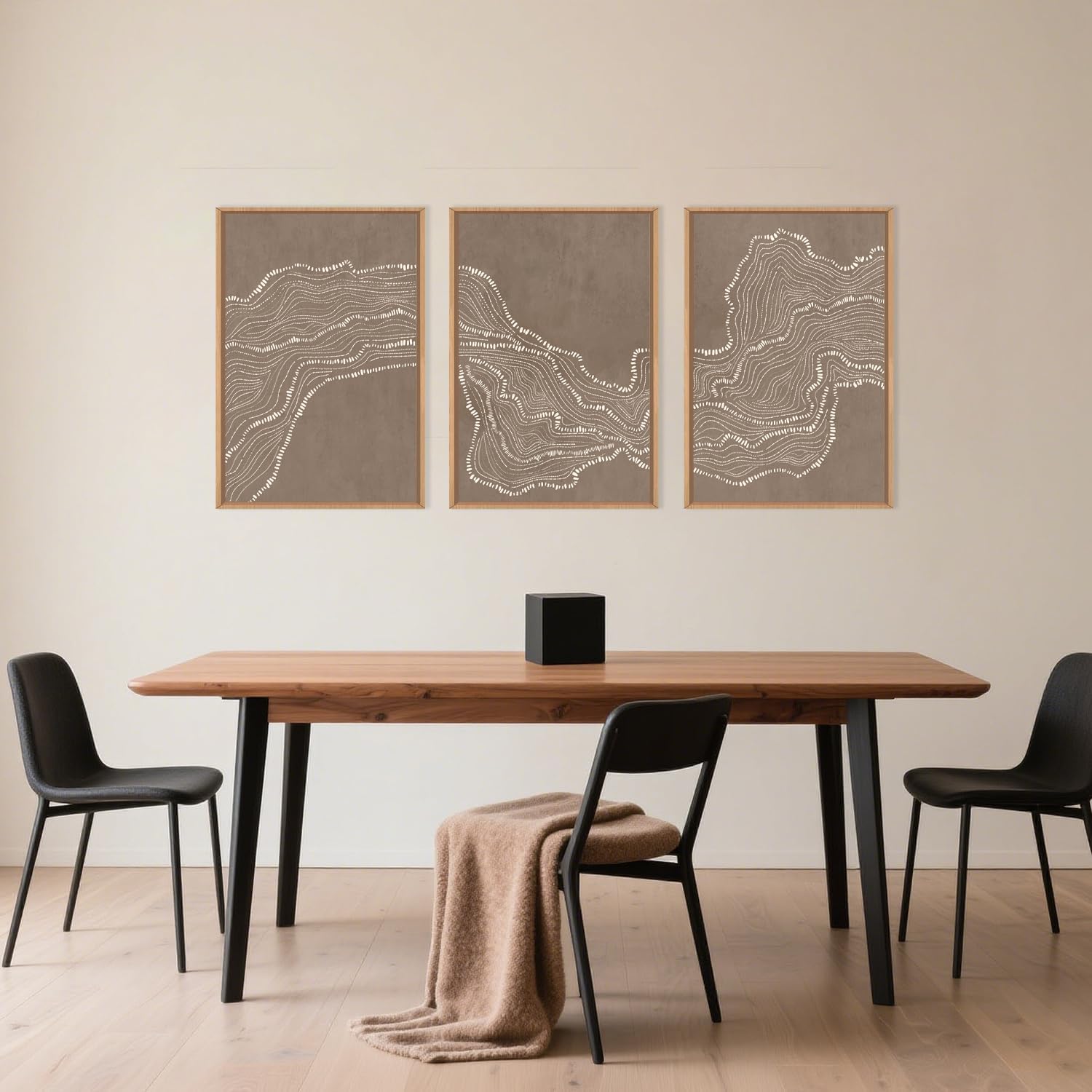 Abstract Line Wave Framed Canvas Wall Art Set,Geometric White Tan Dot Art Painting,Modern Minimalism Wall Decor,Neutral Art Print for Living Room,Bedroom,Dining Room,Office Decor-24 x36 x3
