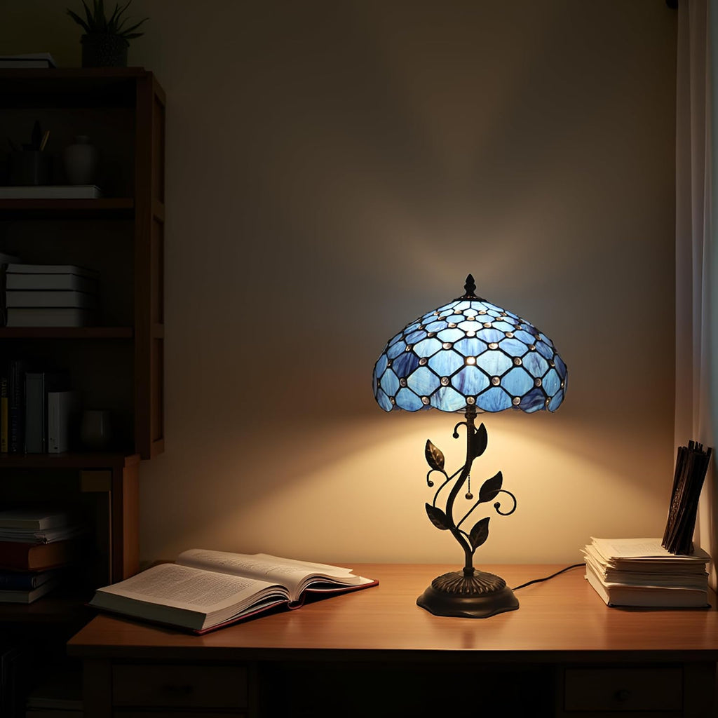 Tiffany Table Lamp, Stained Glass Style Desk Lamp, 12X12X19 Inch,Bedside Reading Light, Metal Leaf Base（Blue Beads Style