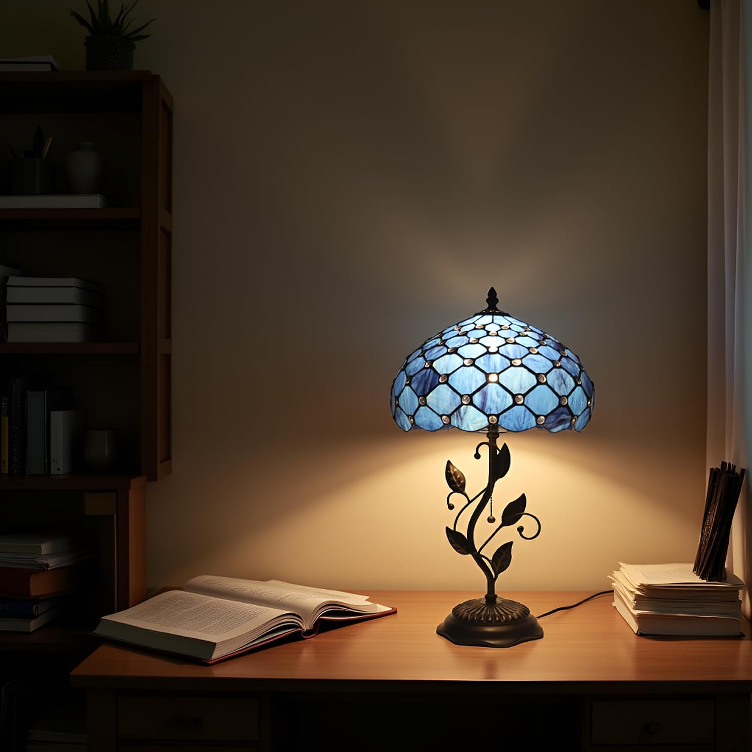Tiffany Table Lamp, Stained Glass Style Desk Lamp, 12X12X19 Inch,Bedside Reading Light, Metal Leaf Base（Blue Beads Style