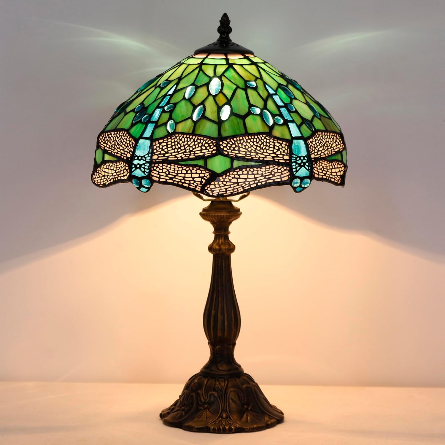 Tiffany Lamp Touch Control Table Lamp Green Stained Glass Desk Lamp 12X12X19 Inches Dragonfly Style Reading Light