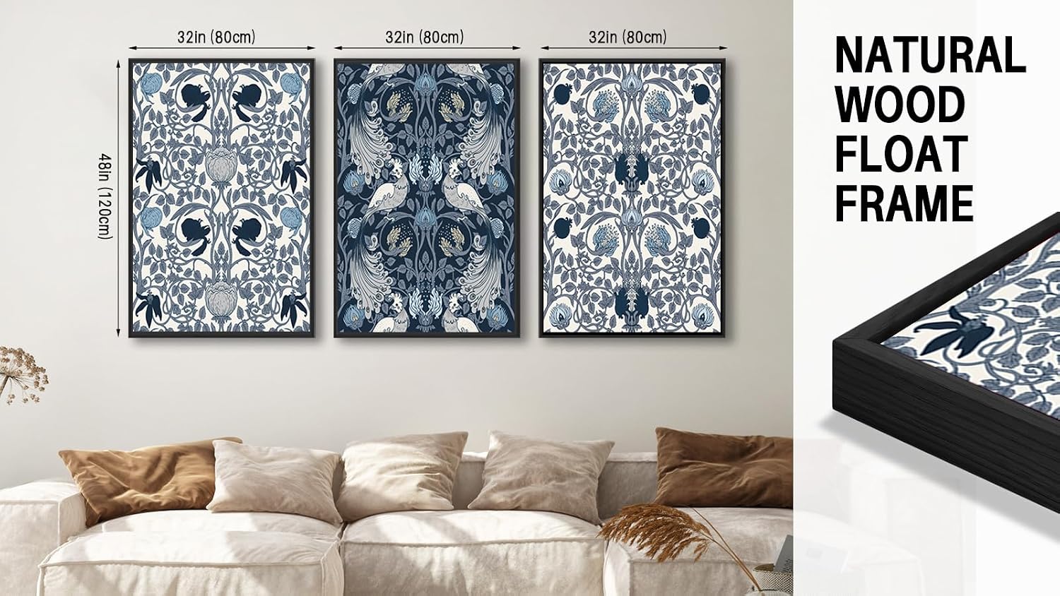 Large Framed Canvas Wall Art - Navy Blue Pictures William Morris Style for Living Room Boho Prints Bird Flower Wall Decor for Bedroom Dining Room Black Float Frame 32' X 48' X 3 Pieces