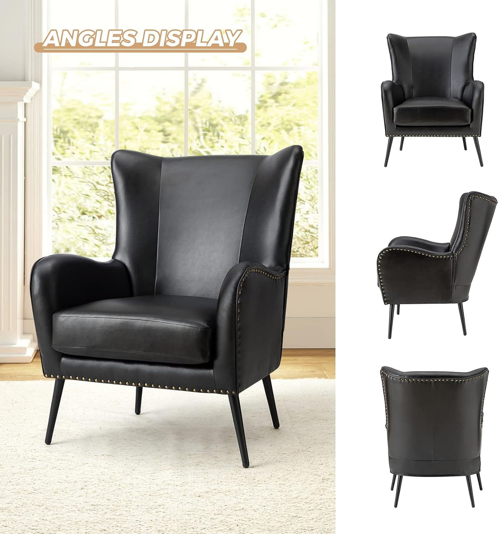 HULALA HOME Faux Leather Accent Chair with Removable Cushion, Comfy Upholstered Armchair with Black Metal Legs & Nailhead Trim Wingback Vanity Chair for Reading Living Room Bedroom, Black