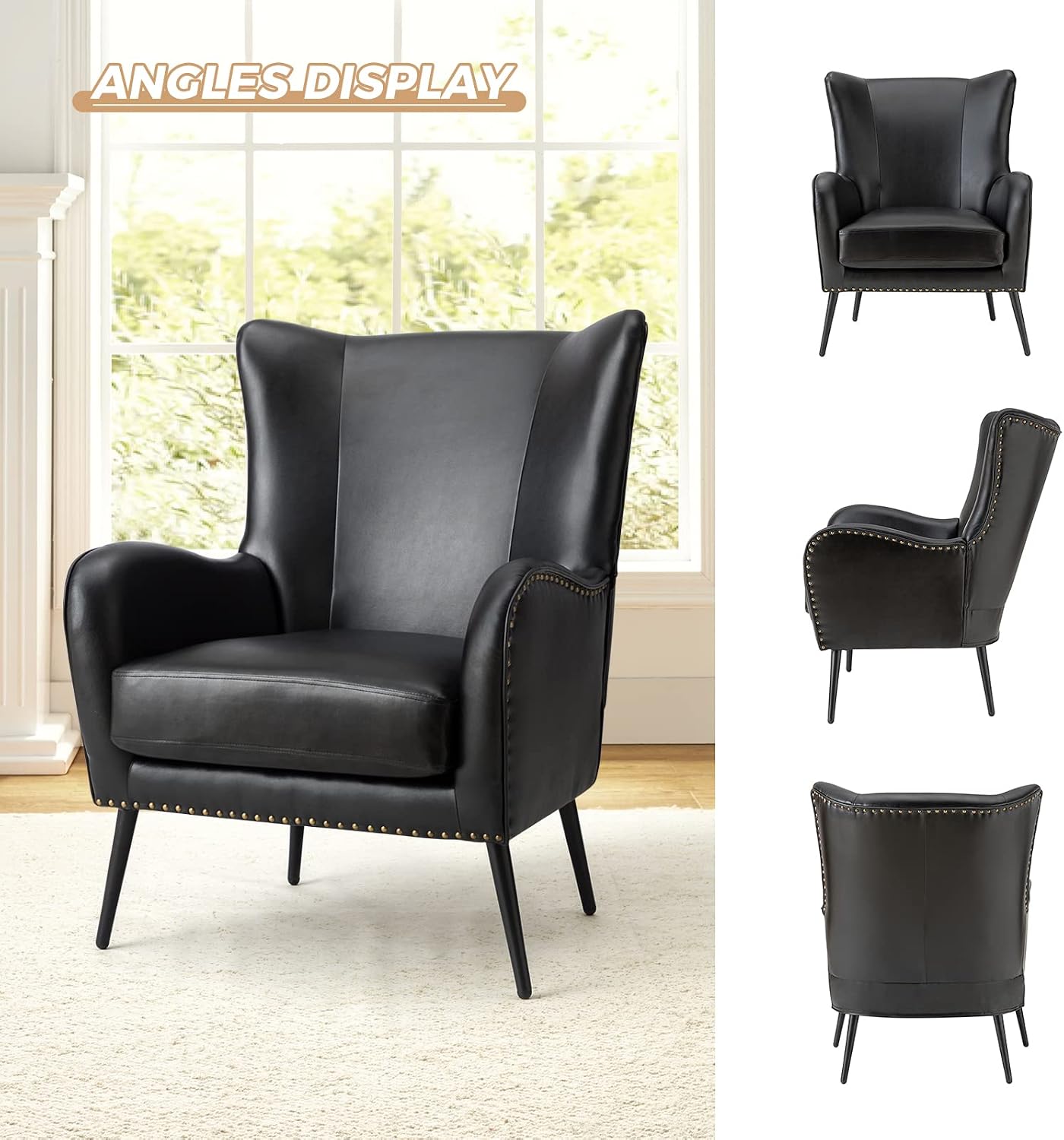 HULALA HOME Faux Leather Accent Chair with Removable Cushion, Comfy Upholstered Armchair with Black Metal Legs & Nailhead Trim Wingback Vanity Chair for Reading Living Room Bedroom, Black