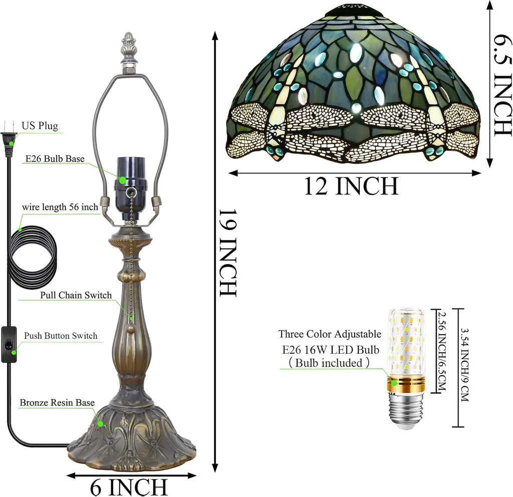 Tiffany Lamp Stained Glass Table Lamp Antique Bedside Reading Light W12H19 Inches (Sea Blue Dragonfly)