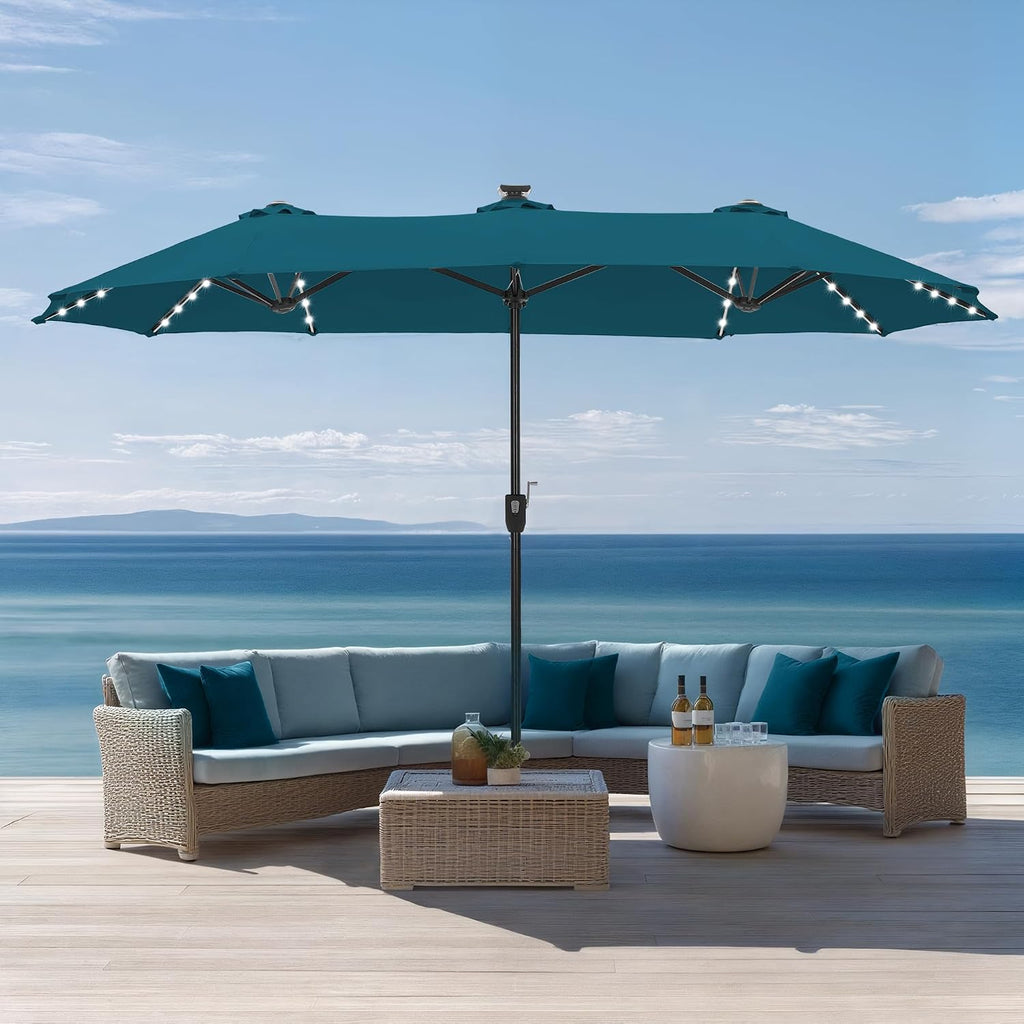 Sophia & William 13ft Outdoor Patio Umbrella with Solar Lights, Large Double-sided Umbrella with LED Lights, Perfect for Garden, Deck, Pool, Cyan Blue