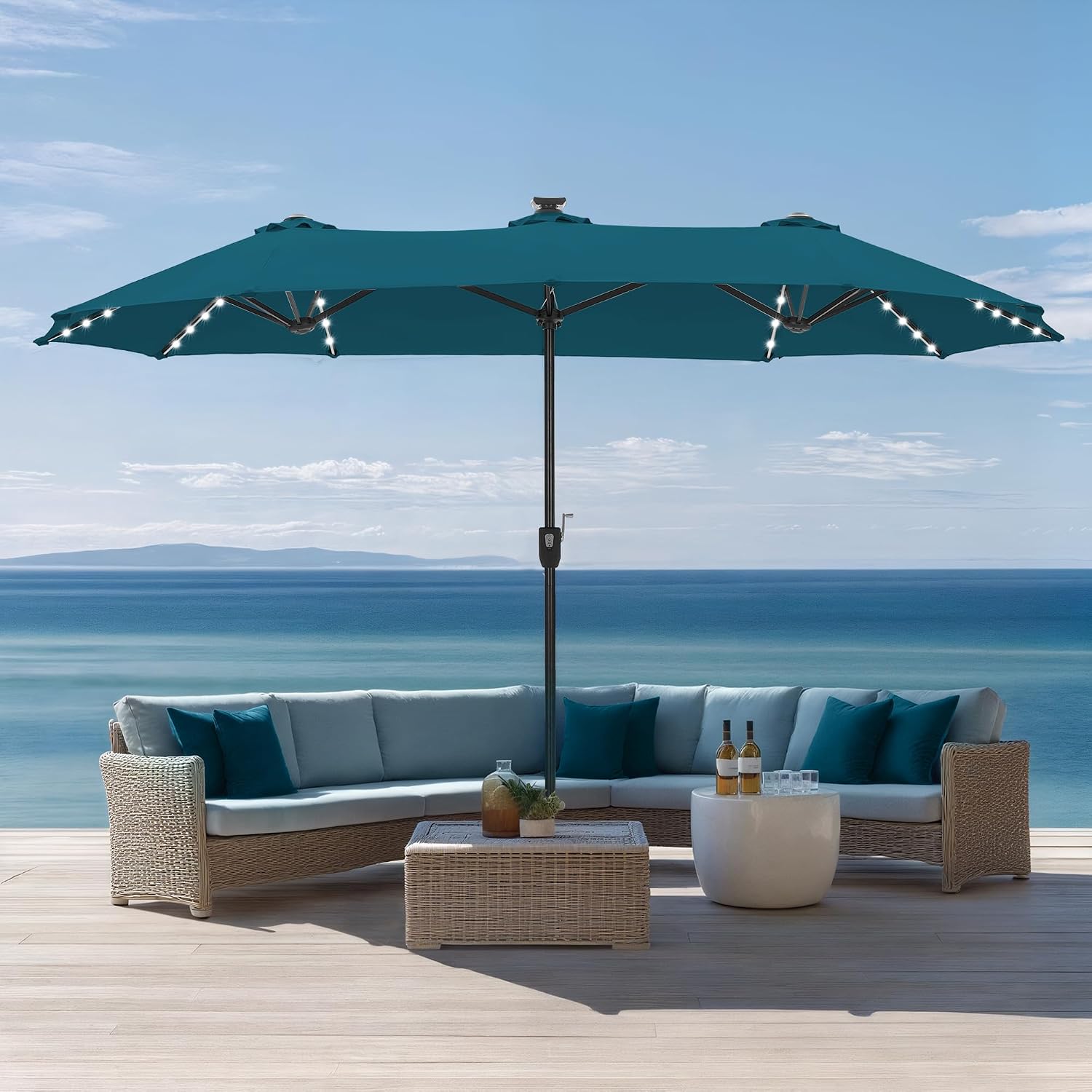 Sophia & William 13ft Outdoor Patio Umbrella with Solar Lights, Large Double-sided Umbrella with LED Lights, Perfect for Garden, Deck, Pool, Cyan Blue