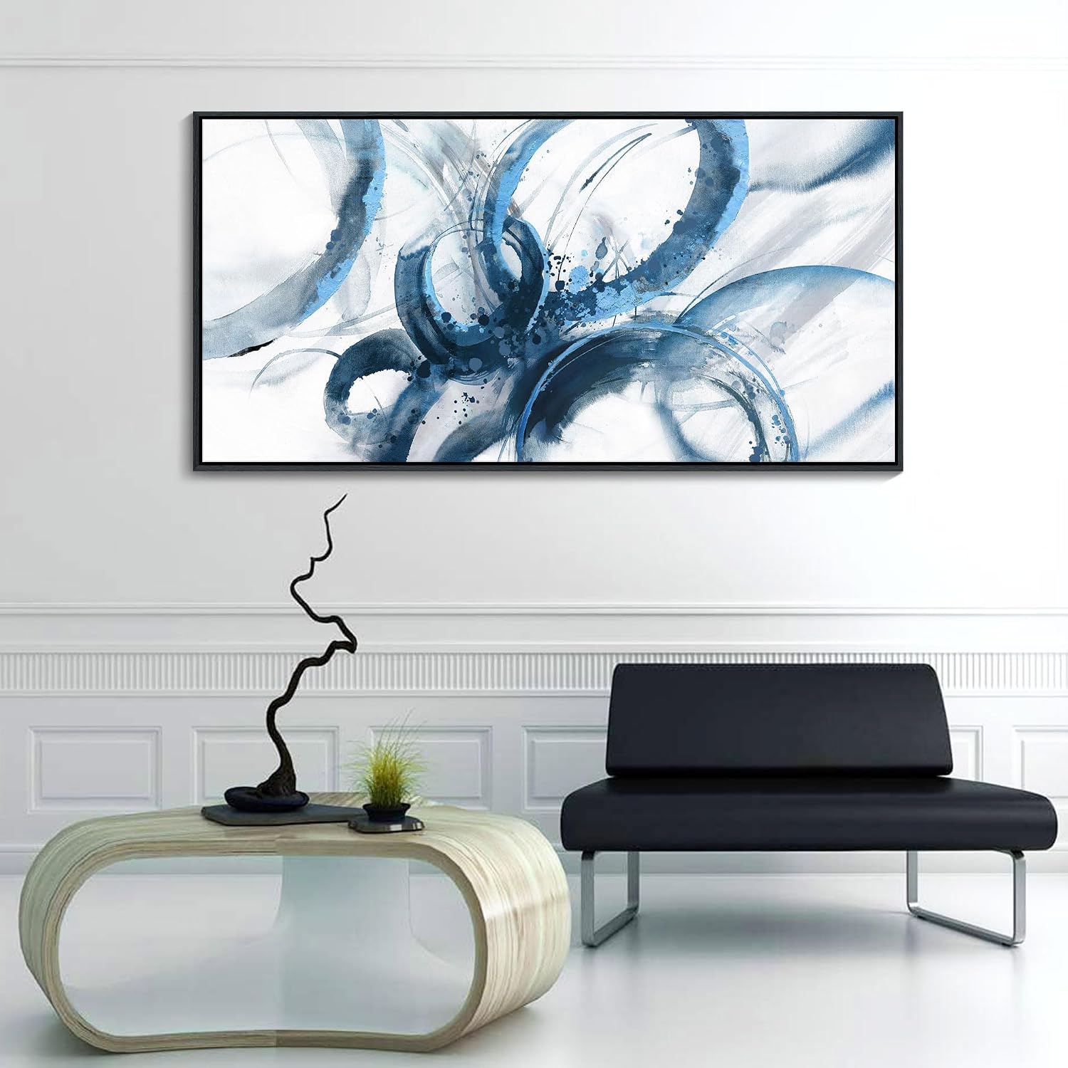 AJAZIKO Blue Abstract Canvas Wall Art for Living Room - Large Modern Navy & White Framed Artwork, Extra Large Bedroom Wall Decor, Sophisticated Office Pictures 30×60IN