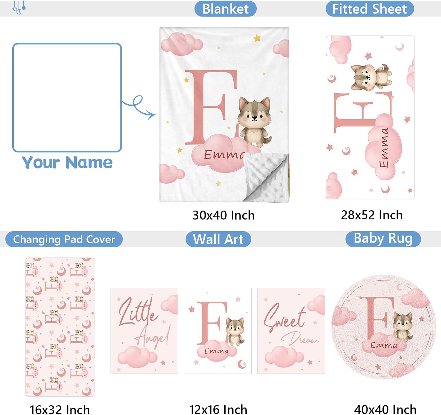 KAINSY Custom Crib Bedding Set, 5 Pcs Personalized Name Monogram Baby Crib Sets for Infants Toddlers, Pink Wolf Nursery Bedding Set for Boys Girls, Double Layer Baby Bedding Sets Customized Gifts