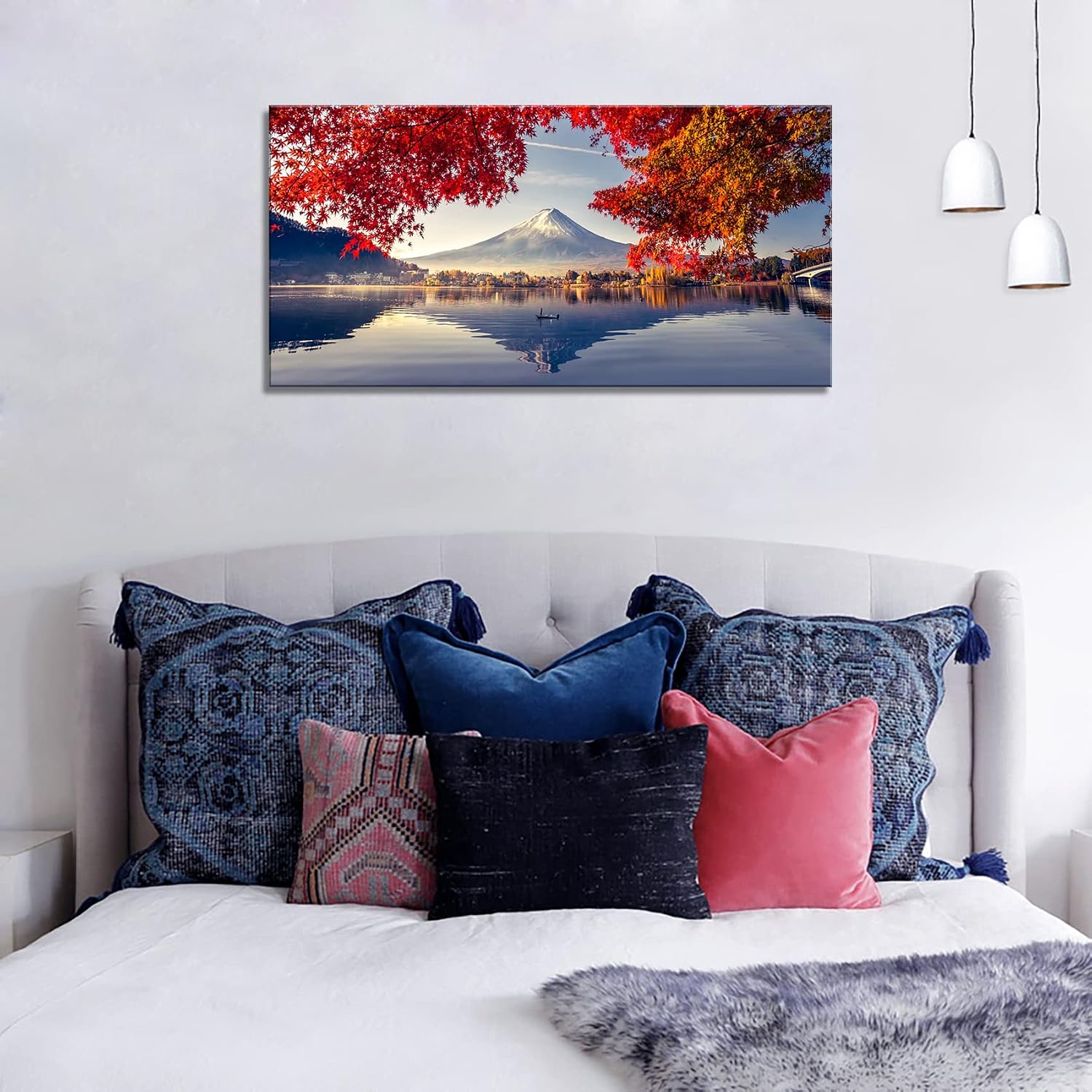 YYYYHPP Canvas Prints Mountain Fuji with morning fog and red leaves at lake Kawaguchiko Nature Picture Wall Art Framed Artwork for Living Room Bedroom Kitchen Home and Office Wall Decor