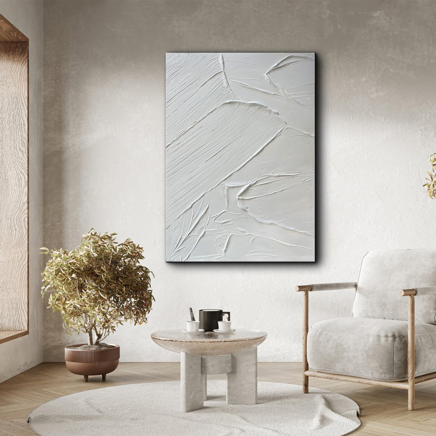 Creespi White Textured Wall Art - Hand Painted Abstract Oil Painting 28x40 inch,Contemporary Minimalist Art Painting for Wall Decor