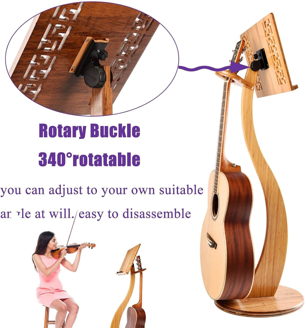 WORDFUN Sheet Music Stand, Orchestral Wooden Music Stand, with Violin Guitar Hanger, Wood Station for Conductors, Professional Music Book Holder, 340° Flip Design, Detachable