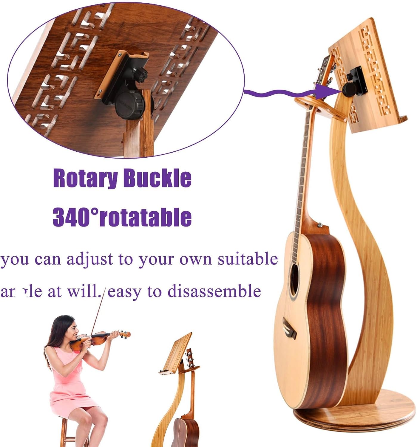WORDFUN Sheet Music Stand, Orchestral Wooden Music Stand, with Violin Guitar Hanger, Wood Station for Conductors, Professional Music Book Holder, 340° Flip Design, Detachable