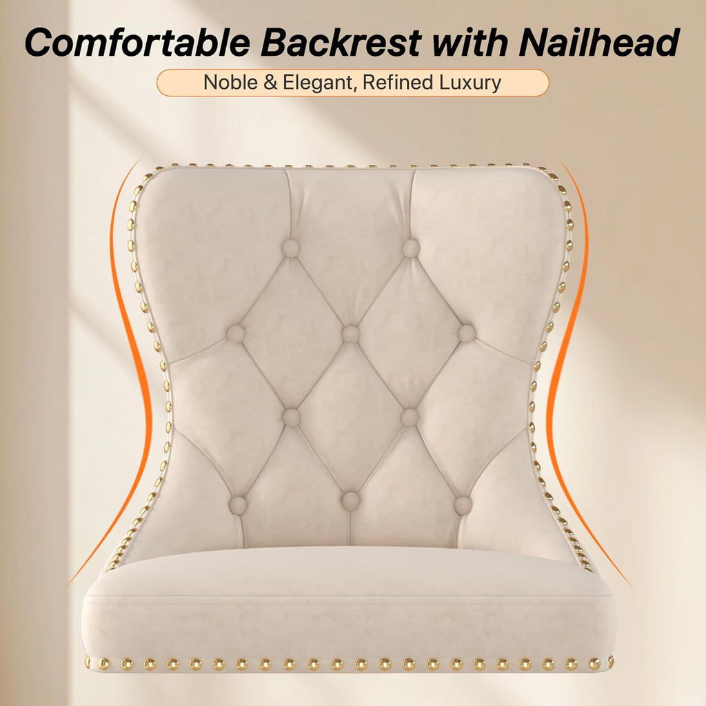 Bar Stools Set of 4, Velvet Swivel Counter Height Stools with Tufted Back, Adjustable Seat with Nailheads Trim, Upholstered Bar Chairs with Gold Base for Kitchen Island, Pub, Beige