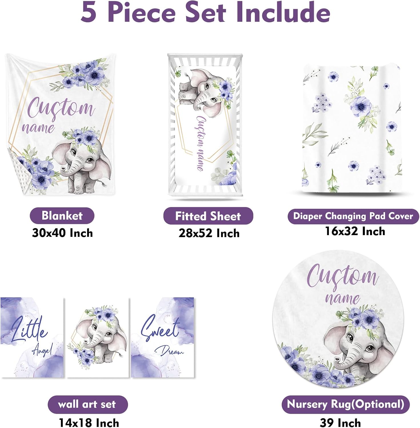 Personalized Baby Crib Bedding Set for Baby Girls, Purple Flower Pattern Elephant Theme Custom Name Baby Crib Sets 5-Pcs, Toddler Double Layer Blanket Fitted Sheets Changing Pad Cover Rug Wall Art Set