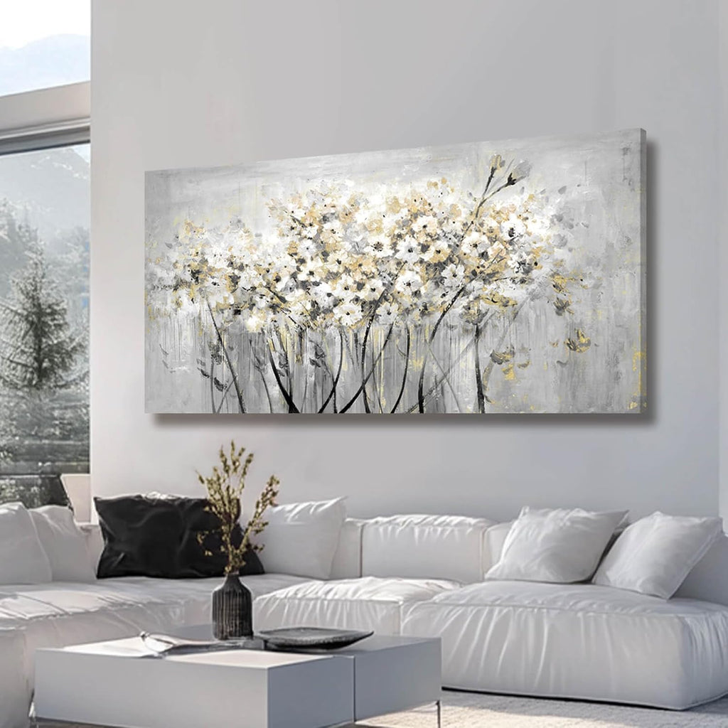 Flowers Canvas Wall Art White Paintings Grey Gold Contemporary Artwork Master Bedroom Wall Decor 29'x 58' Large Framed Art for Living Room Office Home Decor
