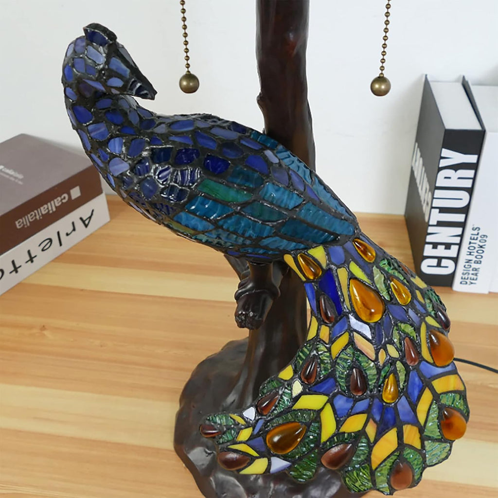 Peacock Tiffany Style Stained Glass Table Lamp, Vintage Handmade Decorative Desk Lamp Pull Cord Switch Reading Lamp for Living Room, Bedroom, Wedding Room, Villa,Hat