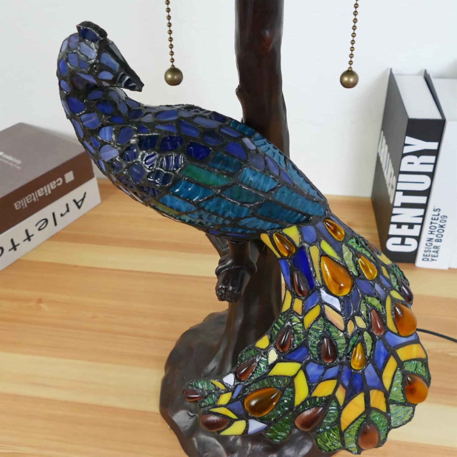 Peacock Tiffany Style Stained Glass Table Lamp, Vintage Handmade Decorative Desk Lamp Pull Cord Switch Reading Lamp for Living Room, Bedroom, Wedding Room, Villa,Hat