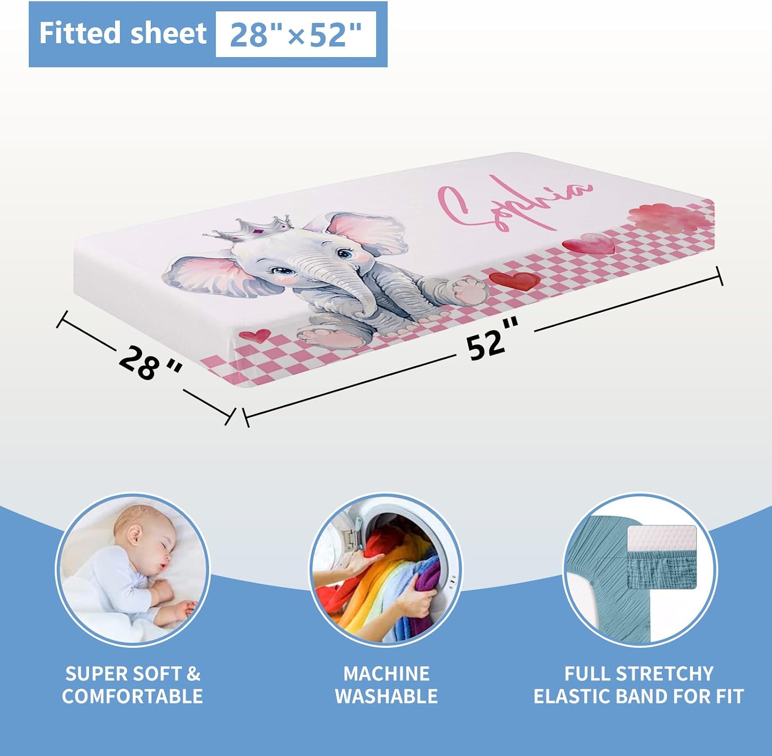 KAINSY Personalized Baby Crib Set, 5 Pcs Custom with Name, Soft Elephant Crib Bedding, Double Layer Toddler Infant Bedding, New Parents Gifts