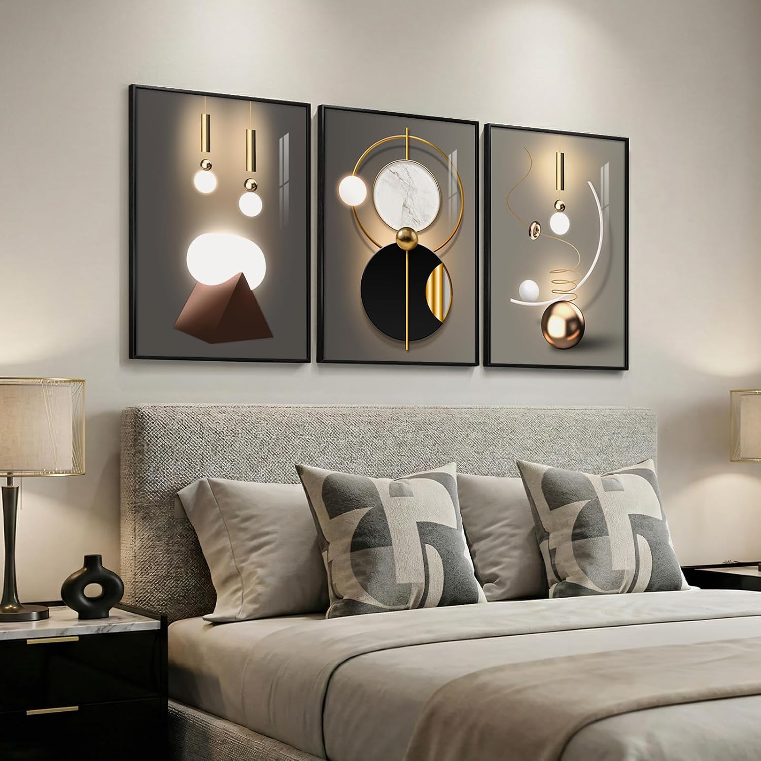 3 Piece Framed Black and Gold Abstract Wall Art for Living Room, Large Modern Luxury Geometric Picture Prints Paintings, Bright Style Artwork for Bedroom Dining Room Office Wall Decor 20x30 Inch