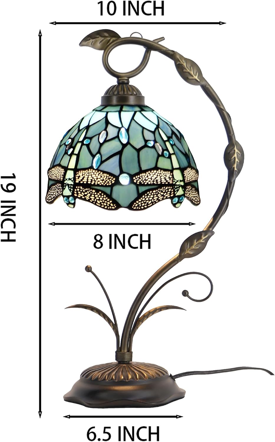 Tiffany Lamp Stained Glass Table Lamp Metal Leaf Base 8X10X19 Inch Reading Desk Light (Sea Blue Dragonfly)