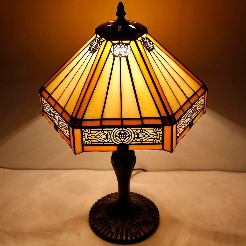 WERFACTORY Tiffany Lamp Yellow Hexagon Stained Glass Mission Style Table Lamp Desk Bedside Reading Light 12X10X18 Inches Decor Bedroom Living Room Home Office S011 Series