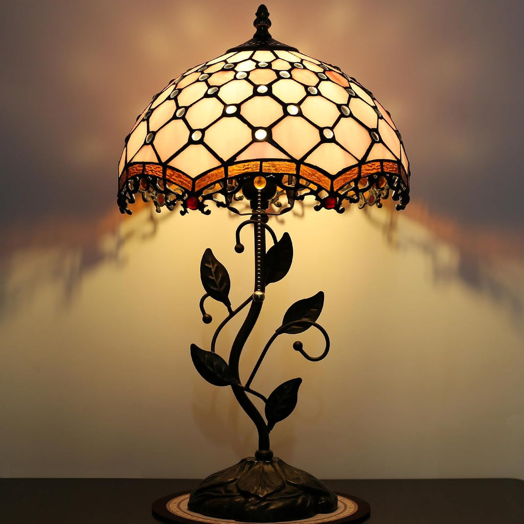 Tiffany Lamp Stained Glass Style Table Lamp Pink Beads Style Bedside Desk Reading Light W12H19 Inch Metal Leaf Base with Metal Leaf Base