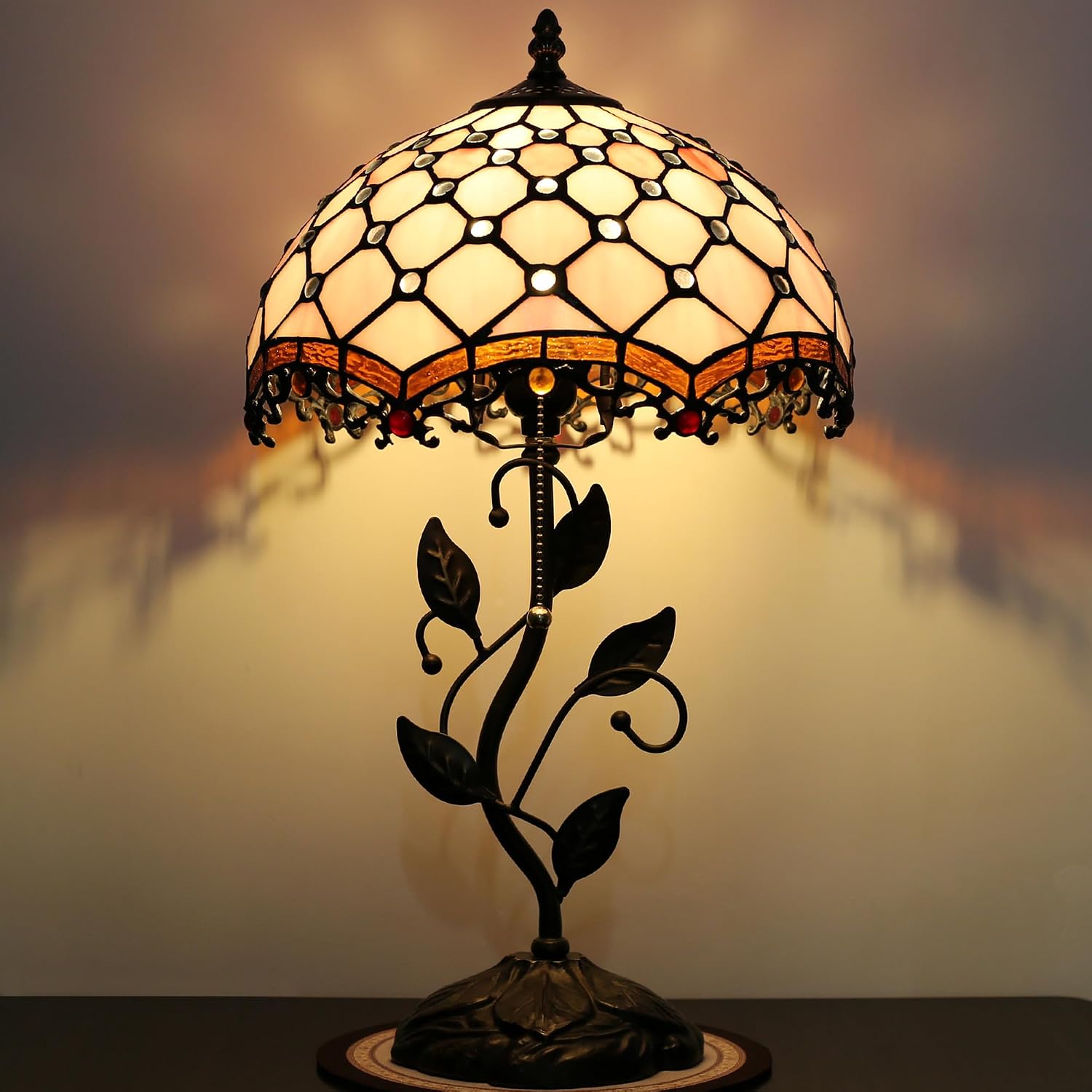 Tiffany Lamp Stained Glass Style Table Lamp Pink Beads Style Bedside Desk Reading Light W12H19 Inch Metal Leaf Base with Metal Leaf Base