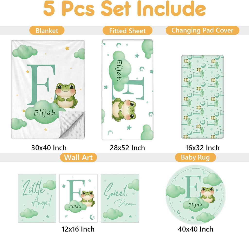 Terwex 5 Piece Customized Crib Bedding Set for Baby Boys - Custom Name Baby Crib Green Frog Nursery Bedding Set with Soft Blanket, Fitted Sheet, Rug, Personalized Gifts for Toddler, Newborn, Infant
