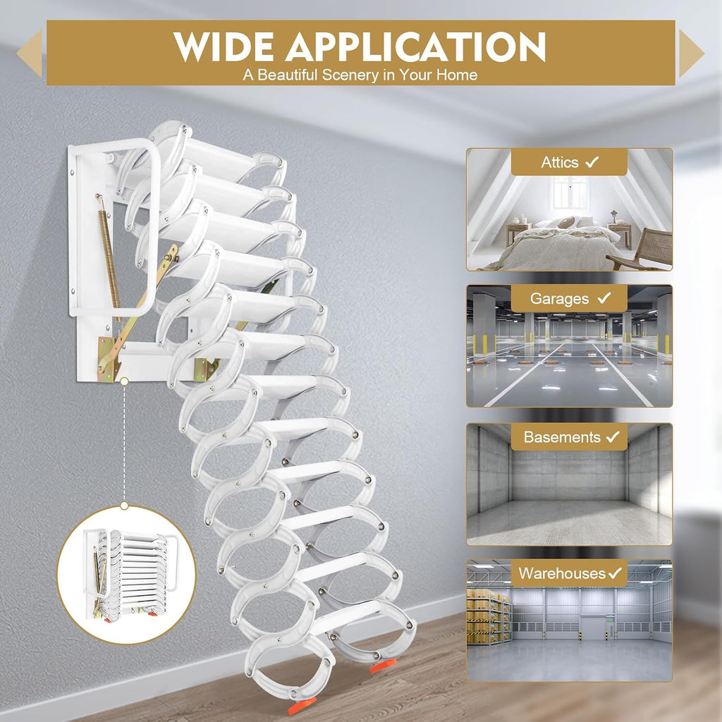 12 Steps Attic Ladder, Wall Mounted Pull Down Loft Steps Folding Stairs, 9.5-10.1Ft Height Aluminum Alloy Narrow Attic Extension Ladder w/Armrests for Basements Warehouses (12, White2)