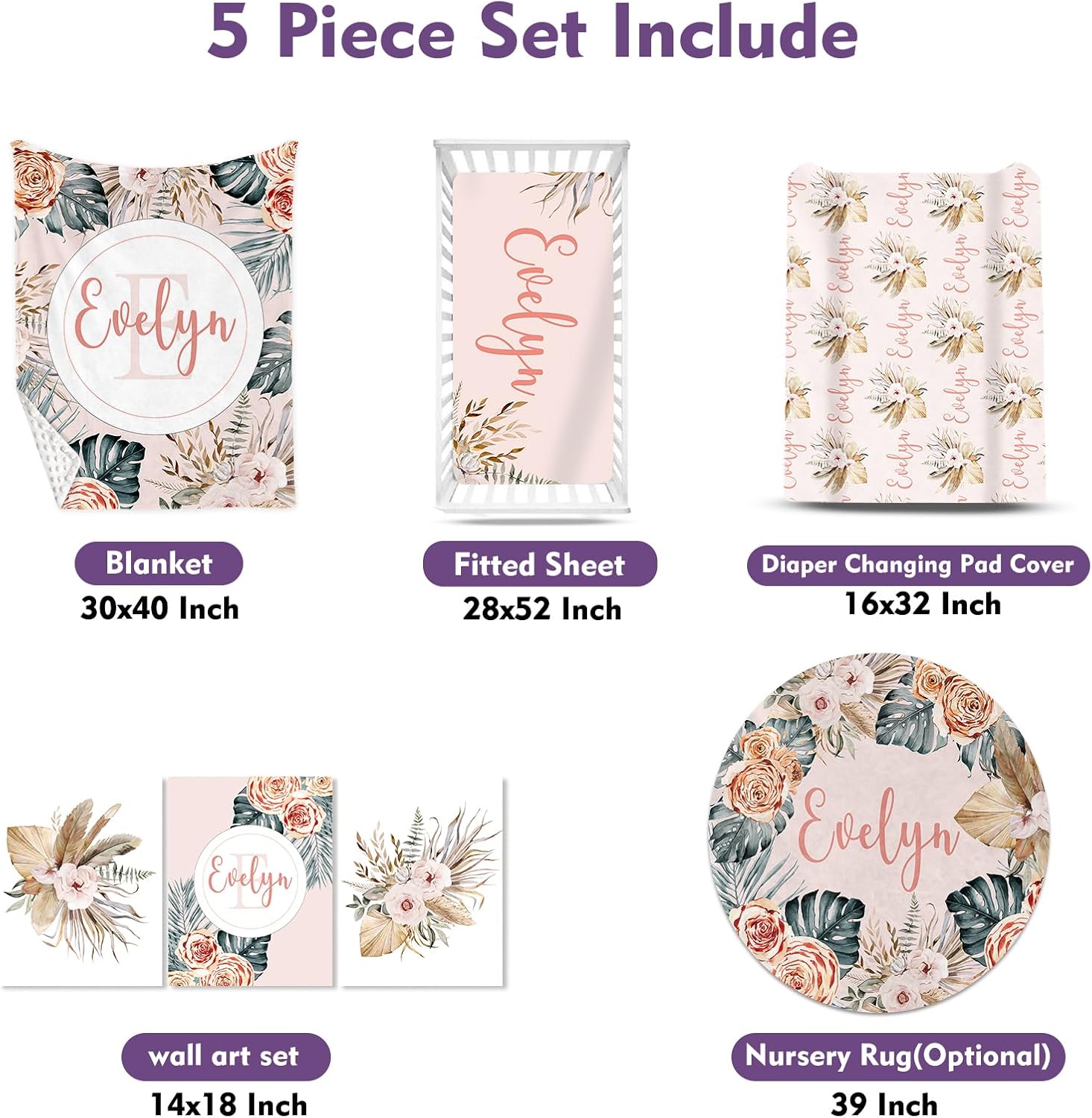 Personalized Nursery Crib Bedding Set: Custom Name 5 Piece Baby Crib Sets with Bohemian Flowers - Toddler Double Layer Blanket Set, Comfortable Crib Bed Sheets for Baby Gril