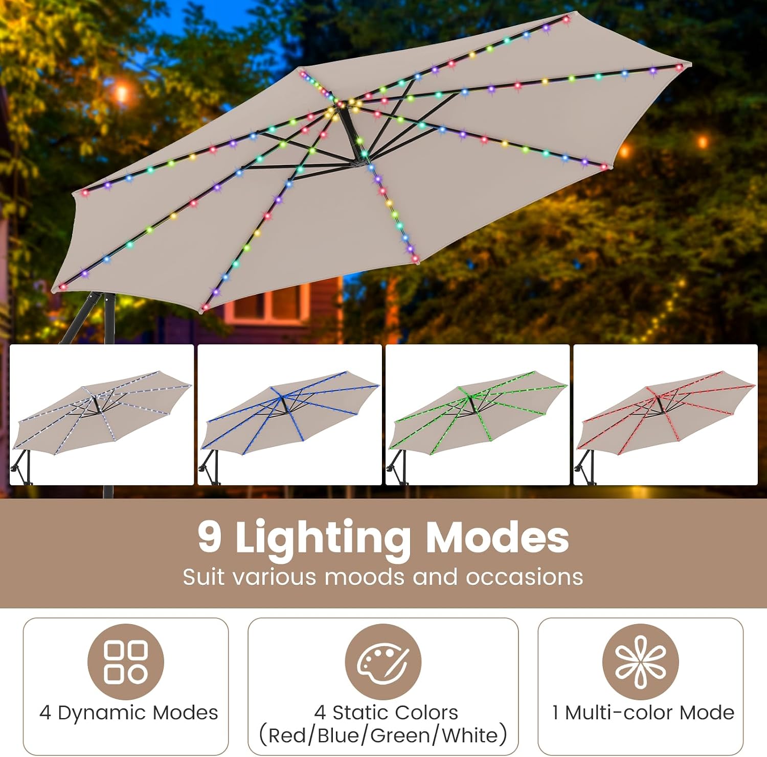 Tangkula 10 FT Solar Patio Umbrella with Base Included, Cantilever Offset Hanging Outdoor Umbrella with 96 Multi-Colored Flowing LED Lights, 9 Modes, Tilt Adjustment, 360° Rotation, Crank for Pool Yard Deck Lawn (Beige)