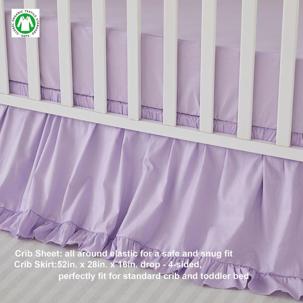 Brandream Farmhouse Crib Bedding Sets for Girls | 3 Piece Boho Chic Nursery Set Purple Baby Comforter, Fitted Crib Sheet, Crib Skirt Included, 100% Percale Cotton