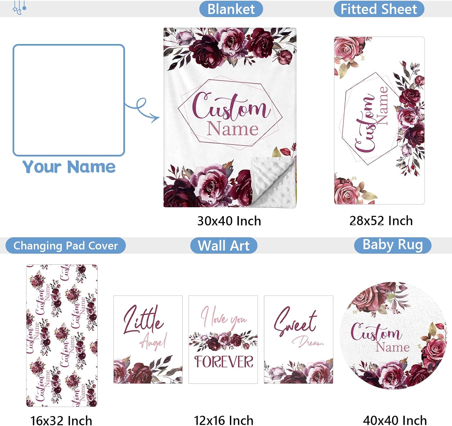 KAINSY Personalized Crib Bedding Set for Girls, 5 Pcs Nursery Bedding Crib Sets, Soft Custom Flowers Baby Crib Set with Name, Double Layer Baby Bedding Set Customized Gifts for Infants Toddlers Kids