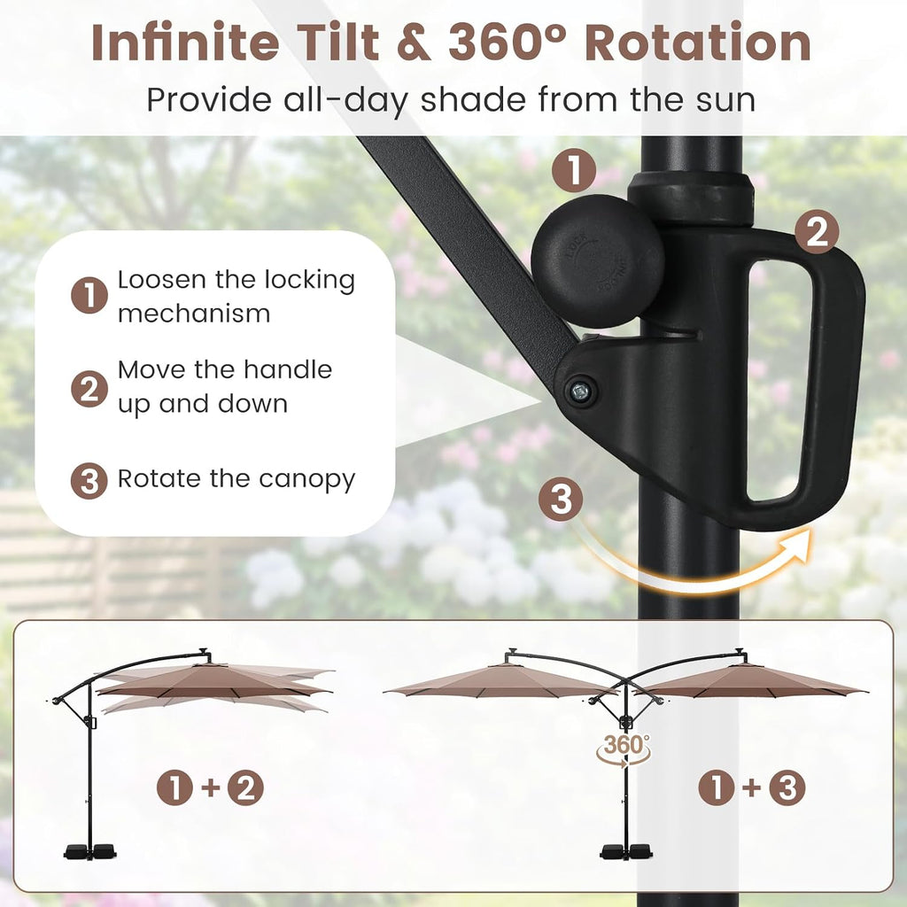 Tangkula 10 FT Solar Patio Umbrella with Base Included, Cantilever Offset Hanging Outdoor Umbrella with 96 Multi-Colored Flowing LED Lights, 9 Modes, Tilt Adjustment, 360° Rotation, Crank for Pool Yard Deck Lawn (Coffee)