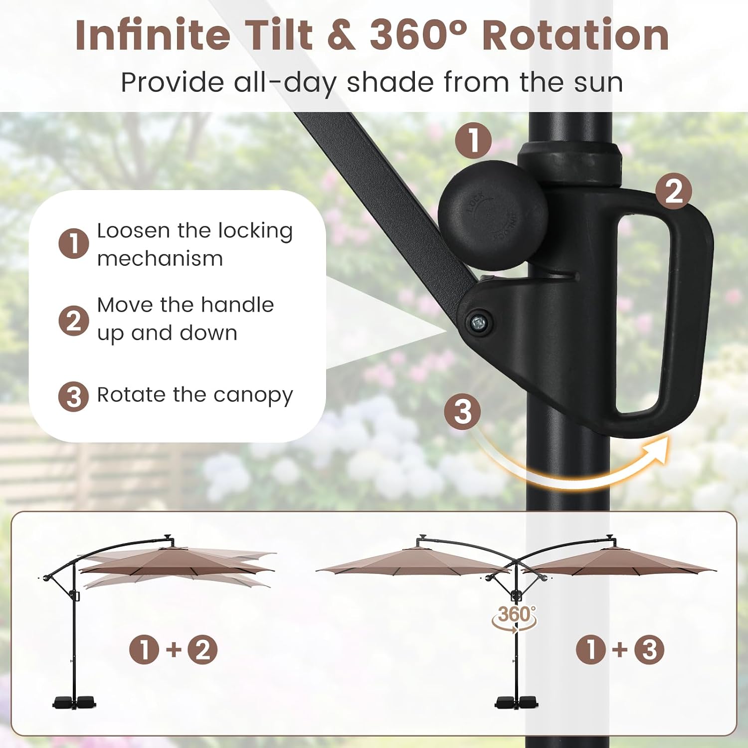 Tangkula 10 FT Solar Patio Umbrella with Base Included, Cantilever Offset Hanging Outdoor Umbrella with 96 Multi-Colored Flowing LED Lights, 9 Modes, Tilt Adjustment, 360° Rotation, Crank for Pool Yard Deck Lawn (Coffee)