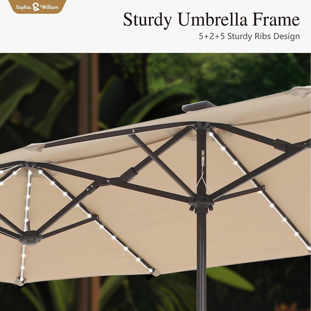 Sophia & William 13ft Outdoor Patio Umbrella with Solar Lights, Large Double-sided Umbrella with LED Lights, Perfect for Garden, Deck, Pool, Beige