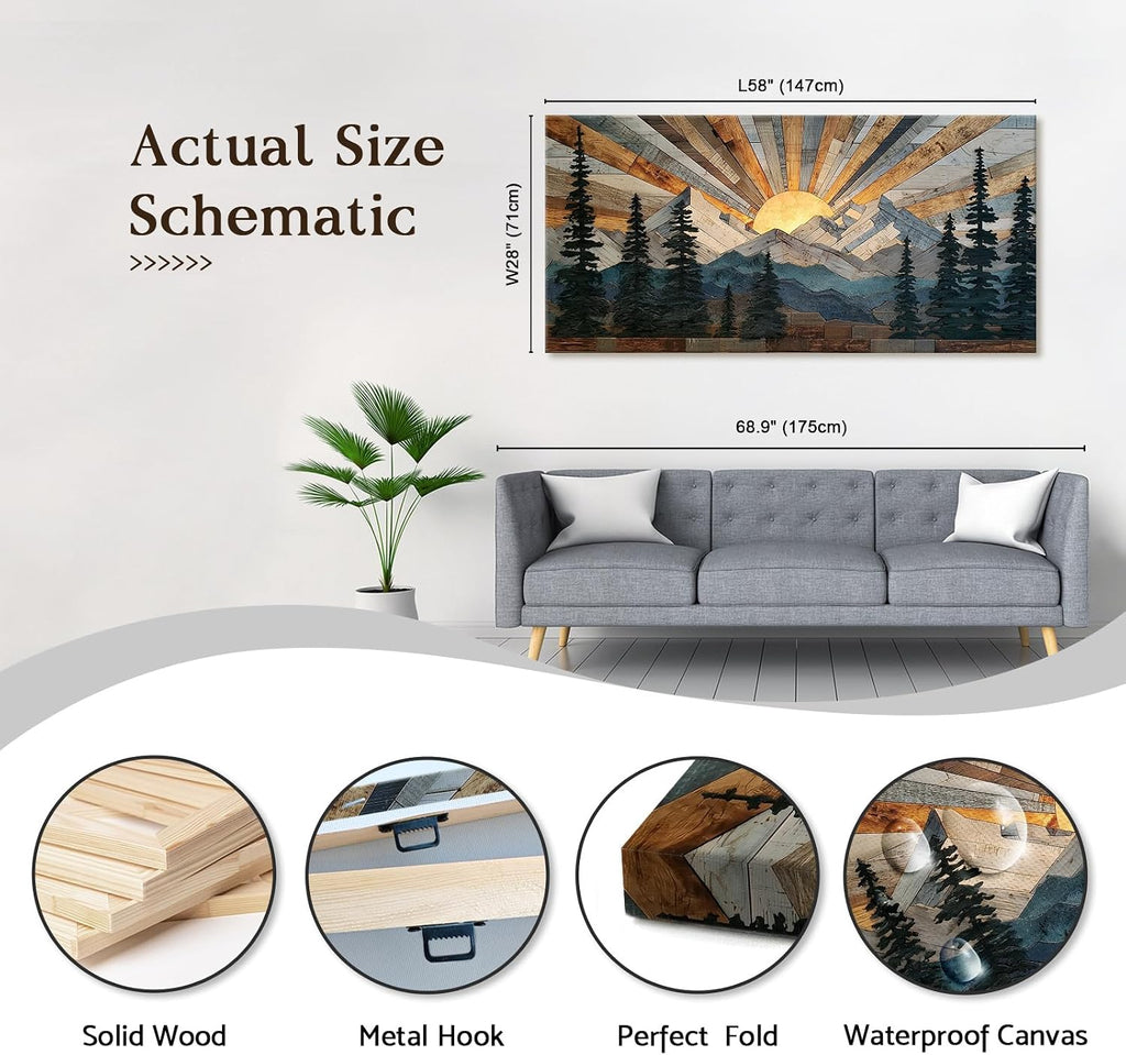 Boho Rustic Farmhouse Mountain Wall Art Sunrise Pine Tree Forest Nature Scenery Paintings Pictures Wall Decor Wood Texture Landscape Canvas Prints Artwork for Living Room Bedroom Home Office 28' x 58'